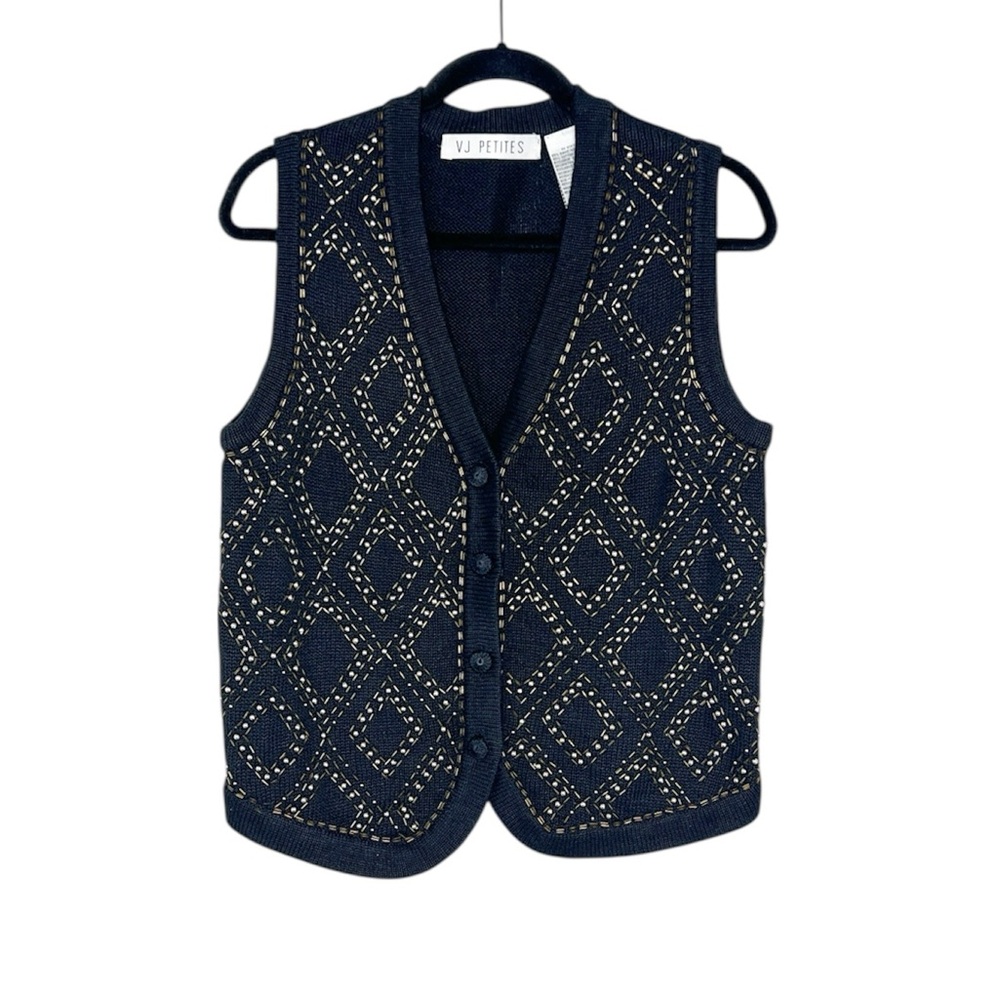 VJ Petites Metallic Beaded button front Black knit Vest size Medium Petite